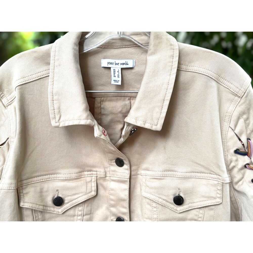 Peace Love World Cotton Beige Denim Jacket MultiColor Baseball Weave Detail SZ L - Picture 8 of 13
